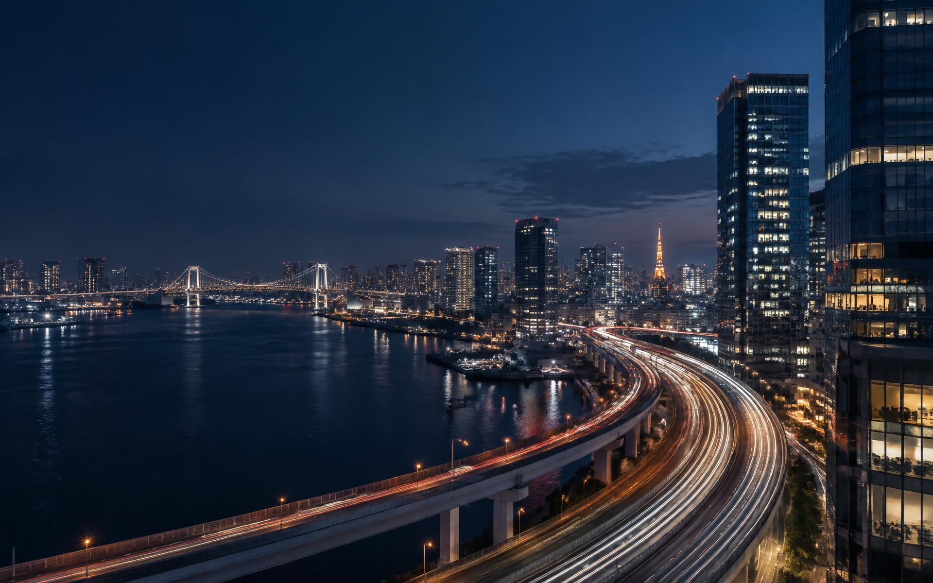 東京湾岸の都市と高速道路の夜景